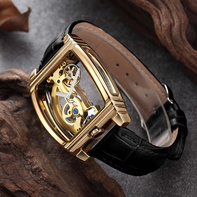 Transparent Automatic Mechanical Watch Men Steampunk Skeleton Luxury Gear Self Winding Leather Men's Clock Watches montre homme