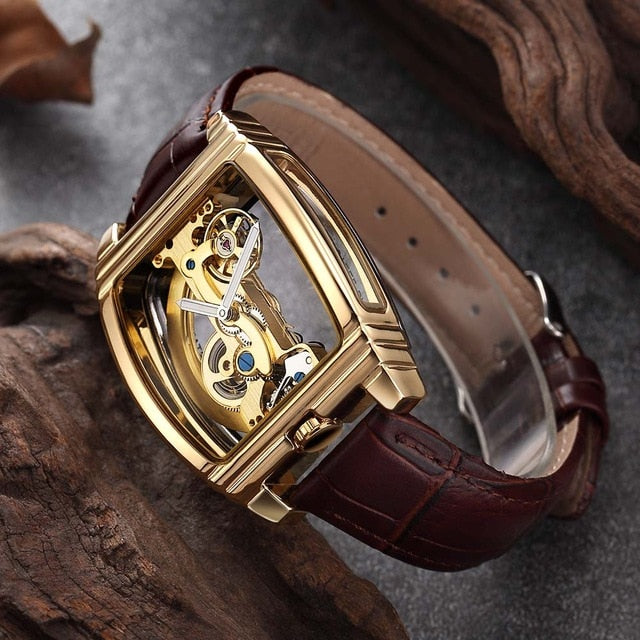 Transparent Automatic Mechanical Watch Men Steampunk Skeleton Luxury Gear Self Winding Leather Men's Clock Watches montre homme