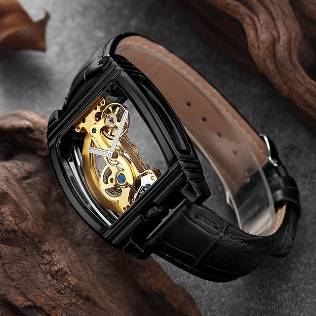 Transparent Automatic Mechanical Watch Men Steampunk Skeleton Luxury Gear Self Winding Leather Men's Clock Watches montre homme