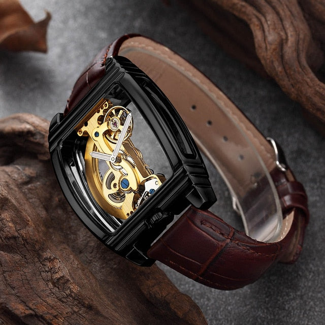 Transparent Automatic Mechanical Watch Men Steampunk Skeleton Luxury Gear Self Winding Leather Men's Clock Watches montre homme