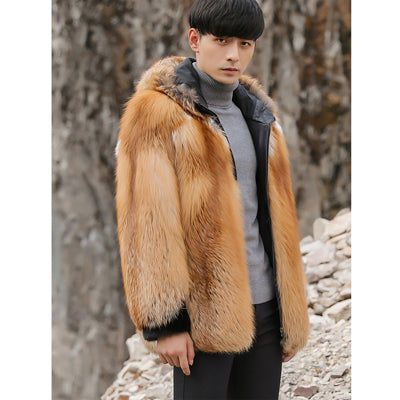 2019 New Men's Gold Fox Fur Coat Fashion Hooded Fur Jacket Mens Winter Coat Leather Jacket