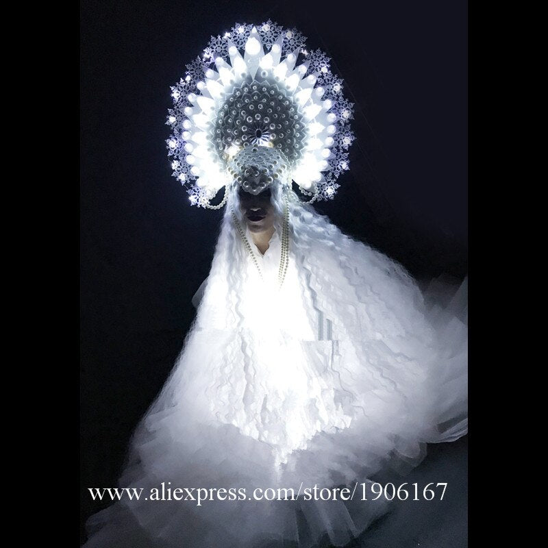 Led Light Up Queen DS Party Dress Led Luminous Masquerade Cosplay Clothes Christmas White Stage Performance Costumes