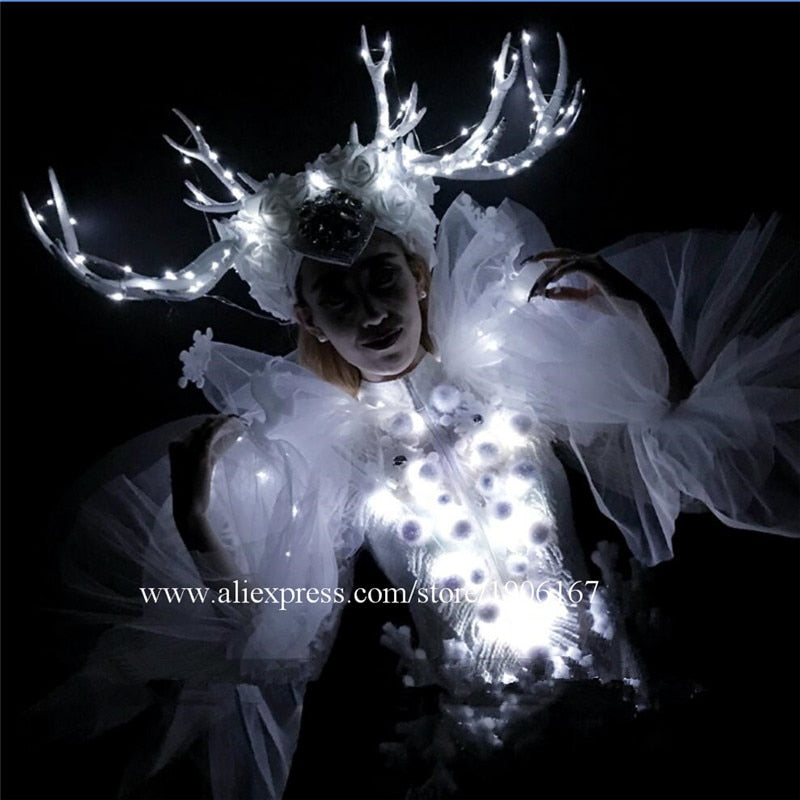 Fashion Led Light Up Party Evening Dress Led Luminous Masquerade Cosplay DS Clothes Christmas White Led Ballroom Costumes