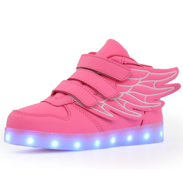 Kids Boys Girl LED Light Shoe Up High Top Wings Leather Shoes USB Rechargeable Flashing Sneakers Girls Dance Lights Nights Shoes