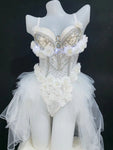 Sexy Bar Party Female Costume Sparkly Rhinestones White Lace Flowers Bodysuit Nightclub DJ Singer LED Dance Wear Stage Outfits