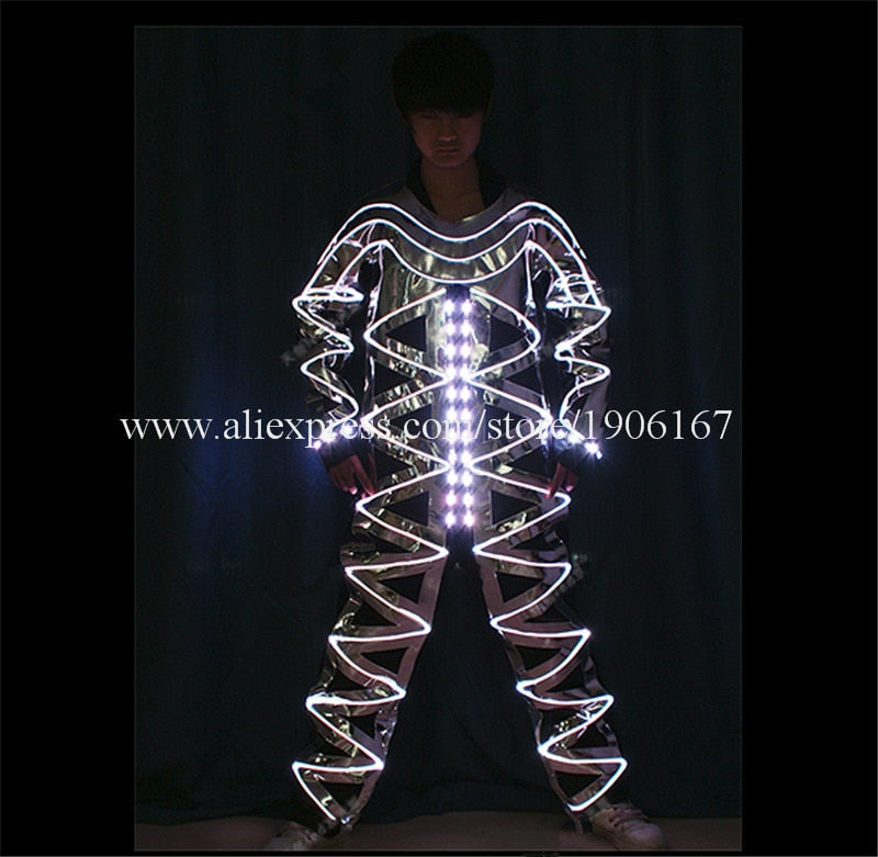 Full color led mirror dance clothes ballroom led luminous costumes stage light RGB colorful fiber optic men robot wears suit