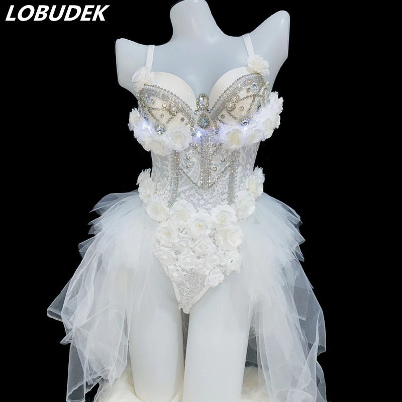 Bar Nightclub Women Electronic Light Dance Costume White Flower Luminous LED Bodysuit With Tail Sexy Singer Dancer Stage Clothes