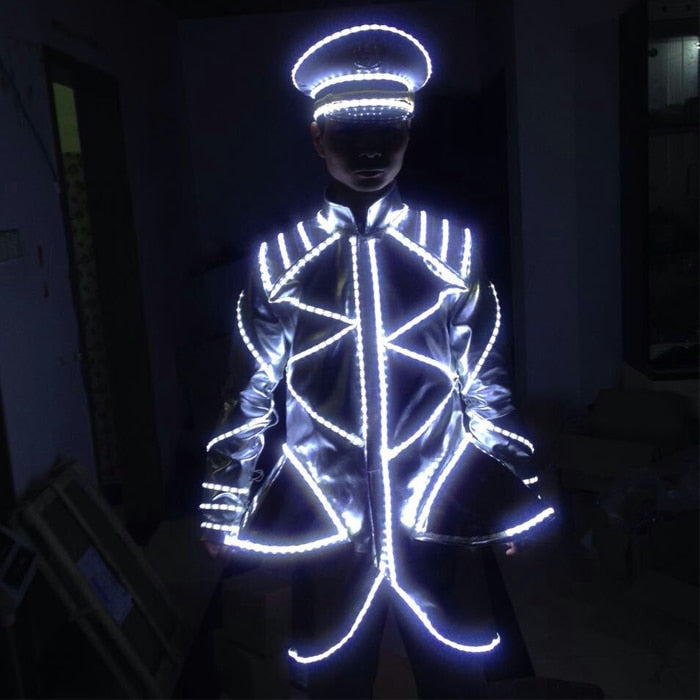 Nightclub male performance bar led armor White led lumious coat cap Glowing clothes hat flashing  ktv service costume
