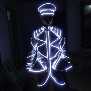 Nightclub male performance bar led armor White led lumious coat cap Glowing clothes hat flashing  ktv service costume