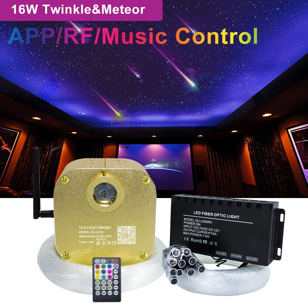 16W RGBW Twinkle  Smart Bluetooth APP Fiber Optic Star Ceiling Kit Mixed 335/430pcs*(0.75+1.0+1.5mm) with Shooting Meteor Effect