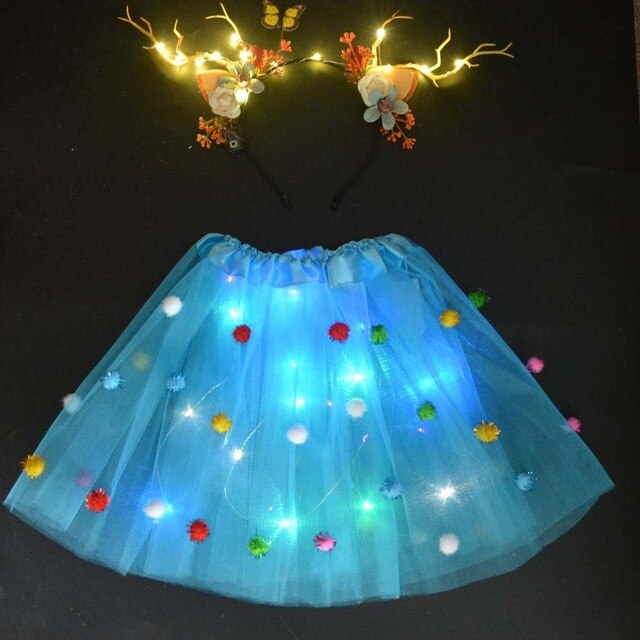Light LED Flower Girl Kids Clothes Pompon Tutu Skirt Princess Party Tulle Pettiskirt Reindeer Antlers Headband Deer Ear