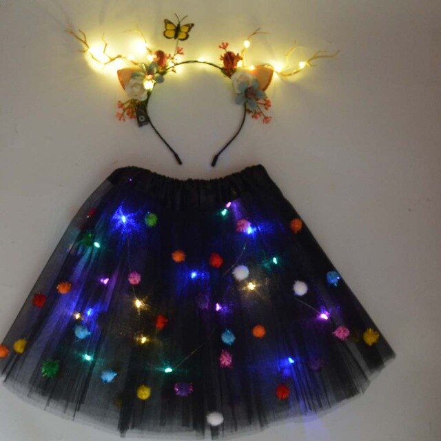 Light LED Flower Girl Kids Clothes Pompon Tutu Skirt Princess Party Tulle Pettiskirt Reindeer Antlers Headband Deer Ear