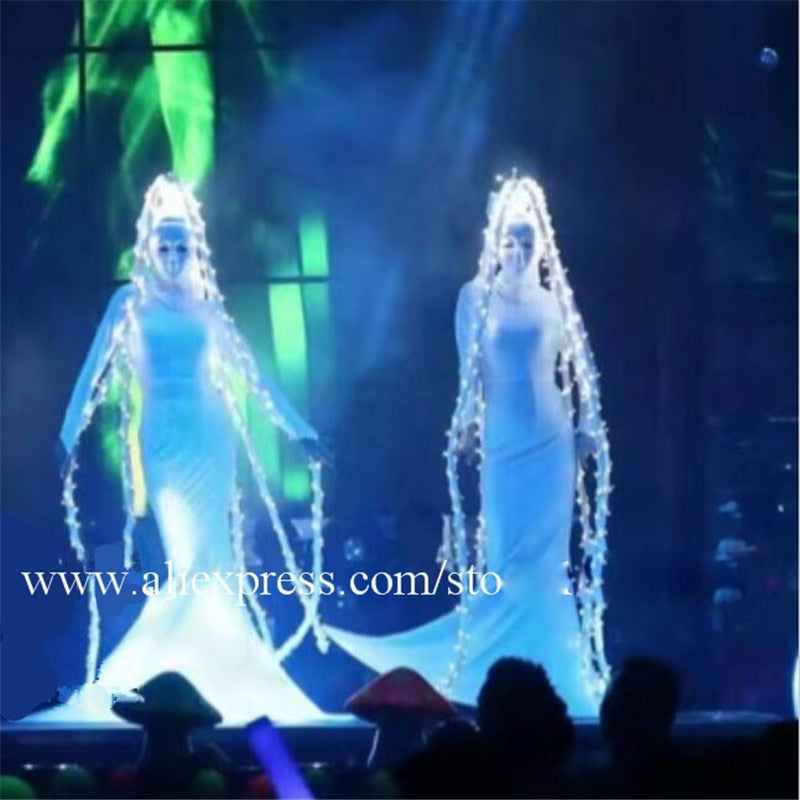 led costume stage catwalk singer wears party women dresses dj hair ghost cosplay clothes white led light Ballroom dance costumes