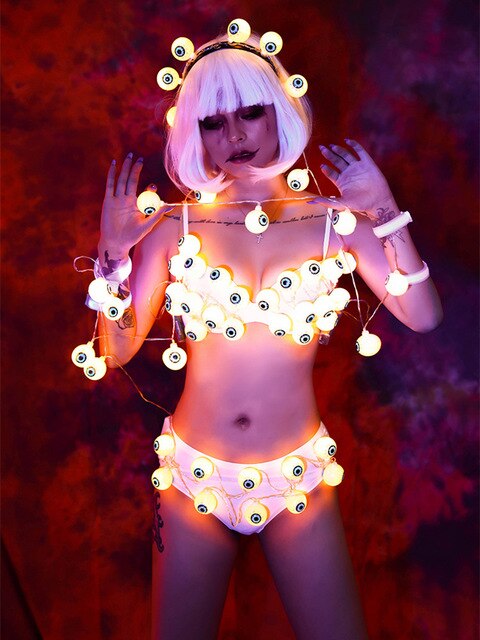 LED Luminous Costume Terror Glowing Eyes Bikini Set Halloween Party Rave Show Performance Clothes Nightclub DJ Dancer Costume