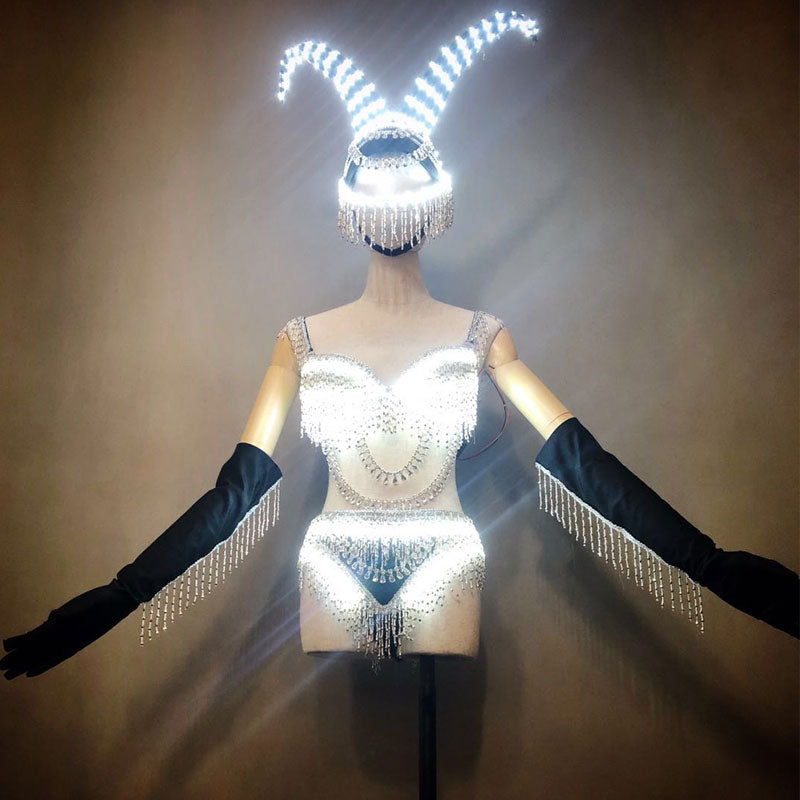 LED crystal tassel Jazz Dance Costume set Sexy Stage Show Outfits Nightclub Bar Singer Gogo clothing Women Performance Wear