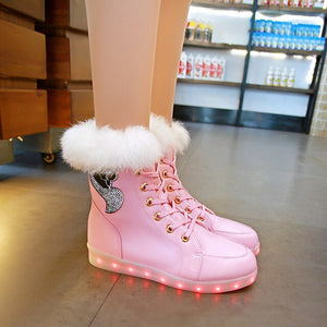 Winter Luminous Sneakers LED Shoes Plush Rabbit Women Snow Boots Cotton Dance Shoes Kids Boots Girls