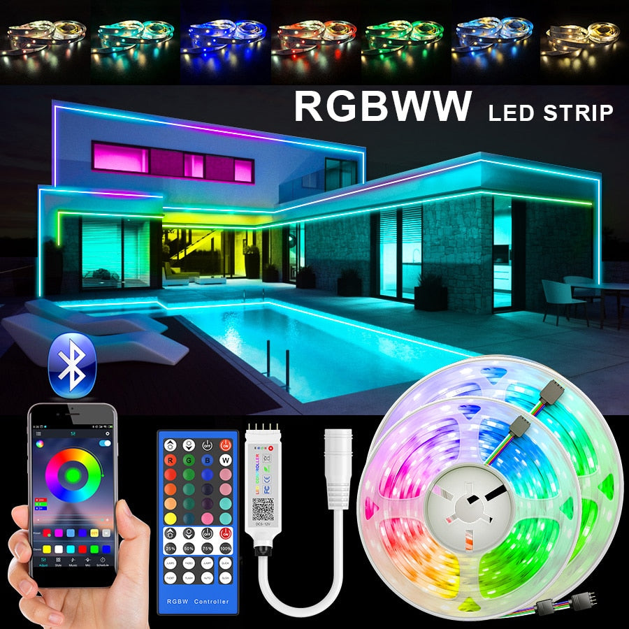 RGBWW LED Strip Light SMD 5050 10M 5M LED Lights Waterproof DC12V RGB Led tape diode ribbon Flexible APP Phone Control+adapter