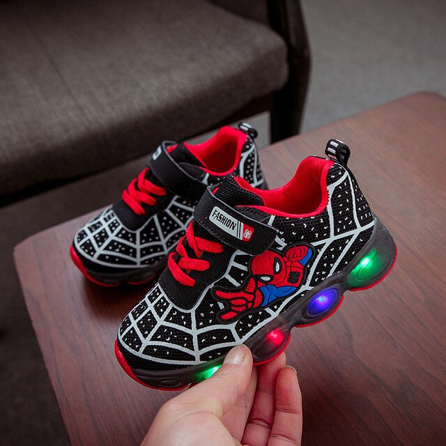 Disney Kids Shoes Spiderman Print Sneakers Spring and Autumn New Born Baby Boy Clothes Creativity Fashion LED Lighted Sneakers