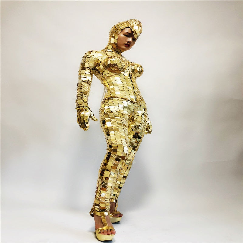 P87 Sexy gold mirror costumes robot women suit dj perform wears mirror bodysuit singer jumpsuit mirror clothe party outfit disco