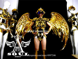 KS30 Ballroom dance led costume supply party stage show wears catwalk perform mirror dress clothe gold armor wings dj robot suit