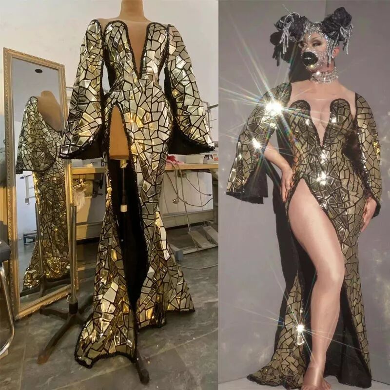 Stage For Singer Women Gold Mirror Sexy Slit Deep V-Neck Party Prom Birthday Long Dresses Nightclub Host Costume