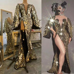 Stage For Singer Women Gold Mirror Sexy Slit Deep V-Neck Party Prom Birthday Long Dresses Nightclub Host Costume