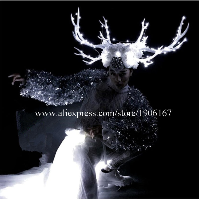 Led Light Up Antlers Headwear DS Dance Team Clothes Christmas White Ballroom Costumes