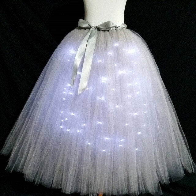 Light LED Girl Women Clothes Bowknot Tutu Skirt Princess Party Tulle Pettiskirt Child Ballet Dance Black Gray Adult Long Size