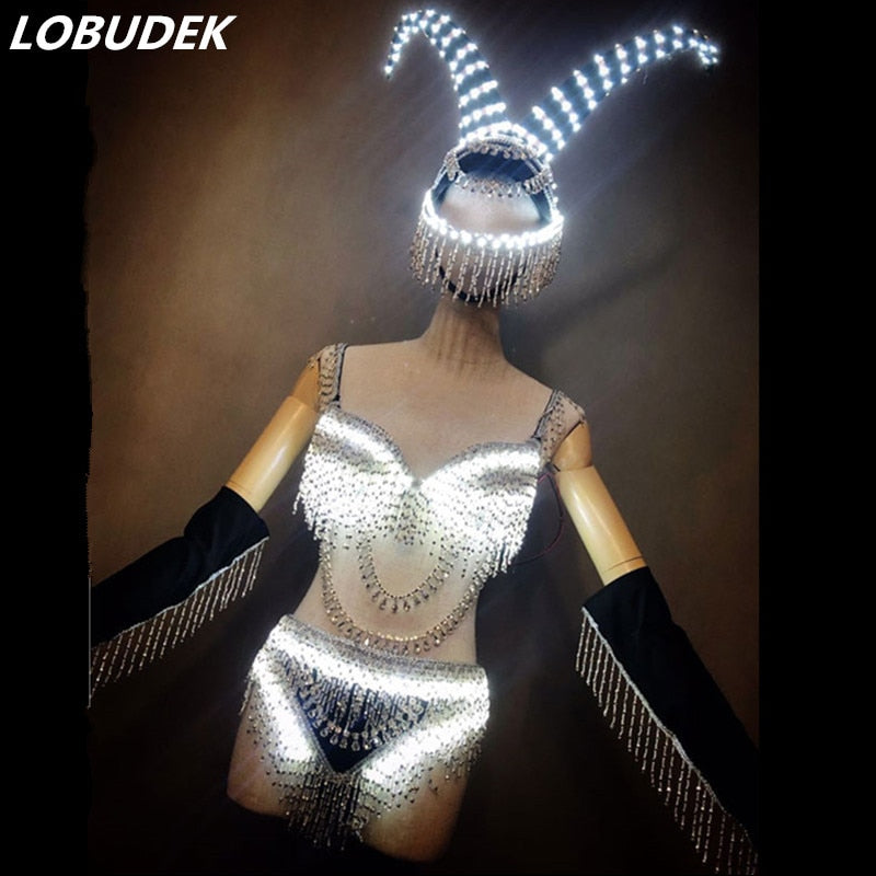 LED Rhinestones Bikini DJ Jazz Dance Costume Luminous LED Crystals Bra Shorts Tassels Gloves Set Stage Outfit Nightclub Clothes