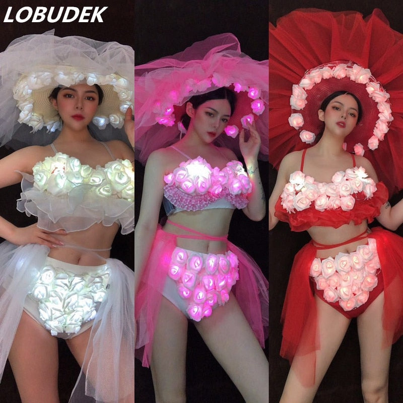 Sexy Bar LED Luminous Dance Costume Rose Flowers Bikini Big Hat Stage Clothes Valentine's Day Nightclub Party Show Festival Wear