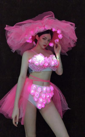 Sexy Bar LED Luminous Dance Costume Rose Flowers Bikini Big Hat Stage Clothes Valentine's Day Nightclub Party Show Festival Wear