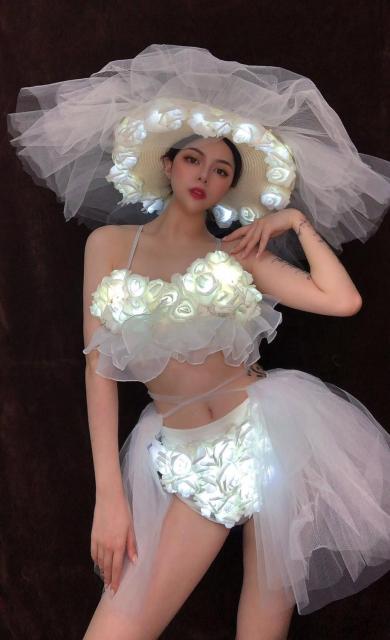 Sexy Bar LED Luminous Dance Costume Rose Flowers Bikini Big Hat Stage Clothes Valentine's Day Nightclub Party Show Festival Wear