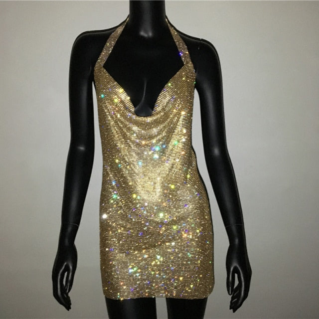 2021 NEW Sexy Deep V Neck Crystal Dress Women Luxury Rhinestone Halter Dance Party Diamante Backless Split Mini Dresses