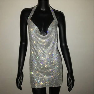 2021 NEW Sexy Deep V Neck Crystal Dress Women Luxury Rhinestone Halter Dance Party Diamante Backless Split Mini Dresses