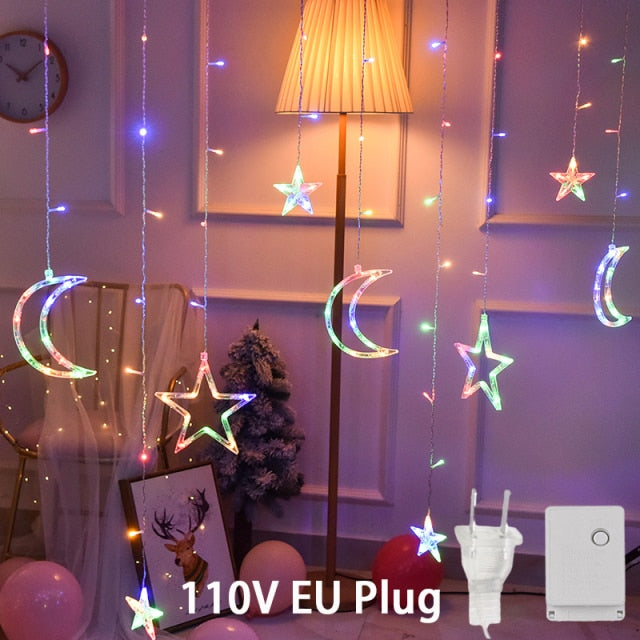 LED icicle Star Moon Lamp Fairy Curtain String Lights Christmas Garland Outdoor For Bar Home Wedding Party Garden Window Decor