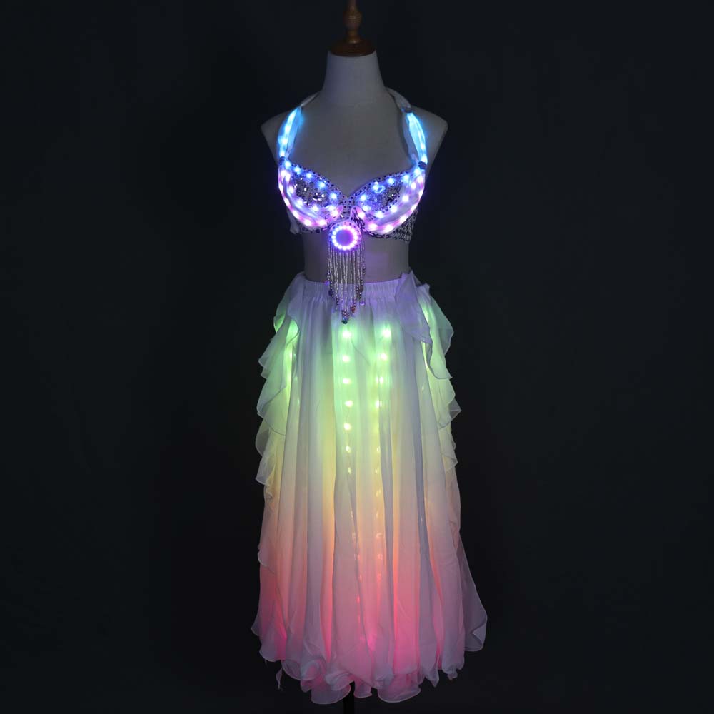 LED Color Lights Women Belly Dance Split Skirt Sexy Professional Bellydance Training Clothes Dancing Costumes