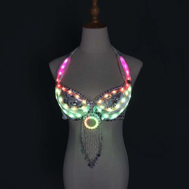 LED Color Lights Women Belly Dance Split Skirt Sexy Professional Bellydance Training Clothes Dancing Costumes