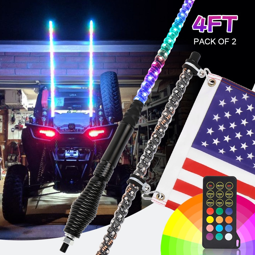 4FT 120cm RF Remote Control RGB LED Whips Light 2 pcs For Off-Road Vehicles ATV UTV RZR With Dancing/Chasing Light Antenna Light