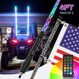 4FT 120cm RF Remote Control RGB LED Whips Light 2 pcs For Off-Road Vehicles ATV UTV RZR With Dancing/Chasing Light Antenna Light