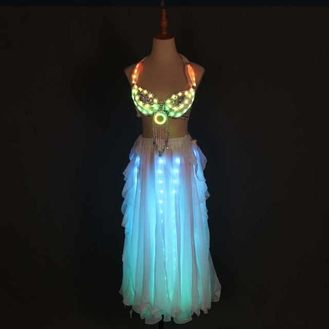 LED lights Bling Bling Mermaid Belly Dance Costume Set Women Belly Dance Bra Skirts Professional Outfit