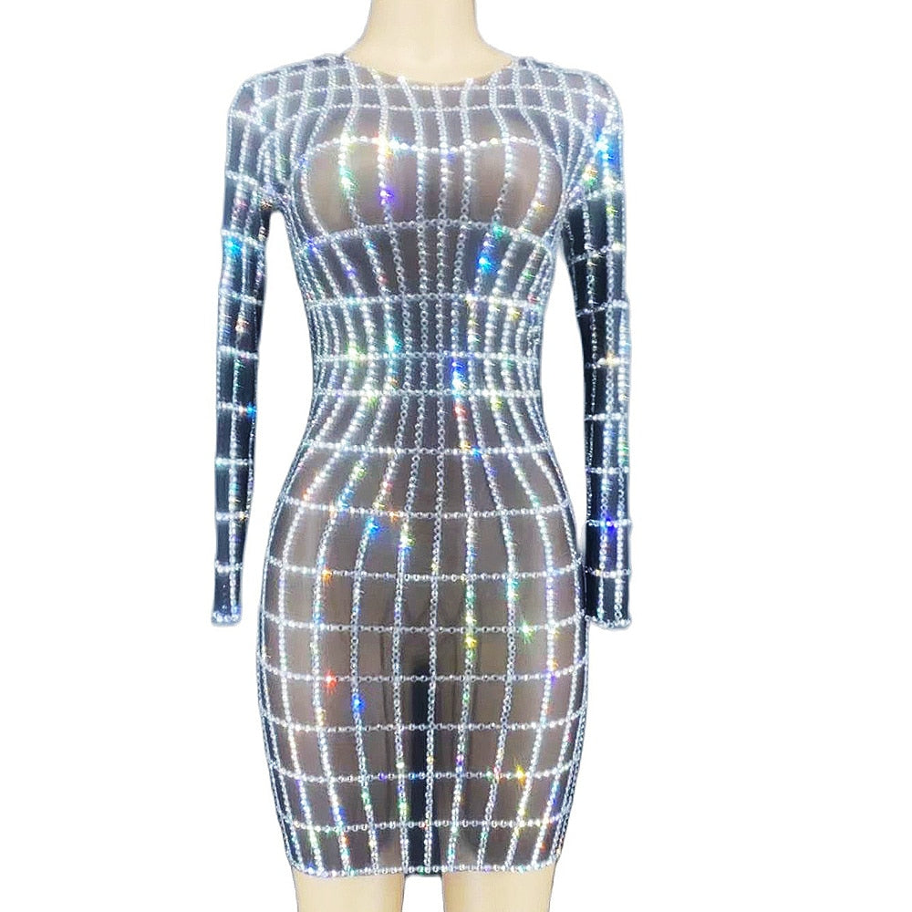 Led Light Accessories Inlaid Diamonds Black Mesh Perspective Women Dresses Long Sleeve Short Dresses Bar Singer Stage Wear