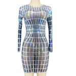 Led Light Accessories Inlaid Diamonds Black Mesh Perspective Women Dresses Long Sleeve Short Dresses Bar Singer Stage Wear