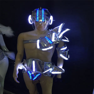 KS34 Party dance led costumes luminou light robot men suit dj armor shoulder perform silver mirror outfits bar clothes rave show