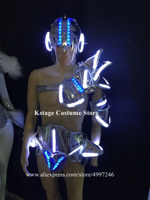 KS34 Party dance led costumes luminou light robot men suit dj armor shoulder perform silver mirror outfits bar clothes rave show