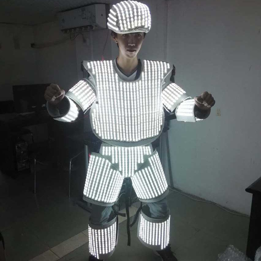 New White Color LED Luminous Light Up Flashing Robot  Suit Costume With Helmet For Nightclubs Party  Supply DJ Dance Clothes
