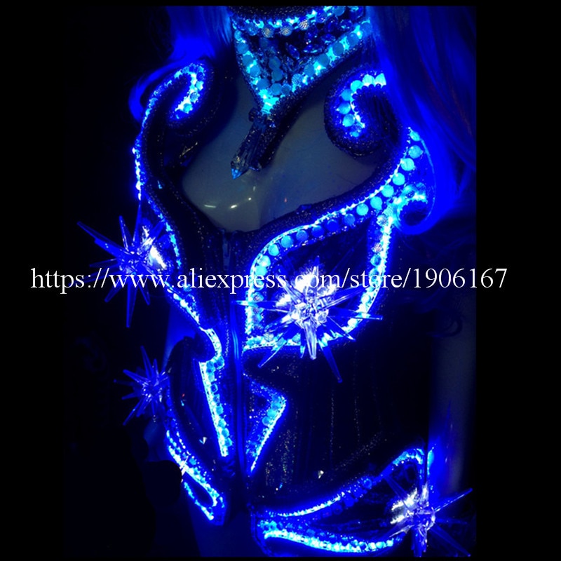 Newest Led Luminous Sexy Lady Crystal Evening Dress Women Dance DS Costume Led Light Illuminate Stage Clothes Dance Wear