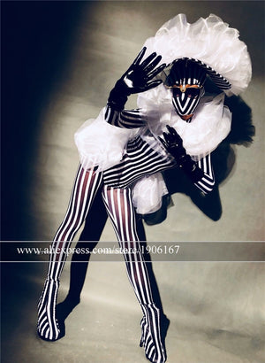 Nightclub Bar Zebra Clothes Halloween Party Headdress Black White Striped Jumpsuit Dj Ds Dance Team Suit Gogo Ballroom Costumes