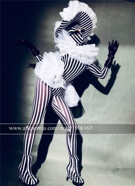 Nightclub Bar Zebra Clothes Halloween Party Headdress Black White Striped Jumpsuit Dj Ds Dance Team Suit Gogo Ballroom Costumes