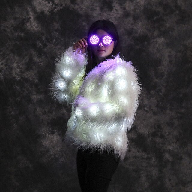 Women Faux Fur Furry Led Clothes Light Up Coat Vest Glowing Coats White Man Rave Party Wear Lights Party Luminous Costumes