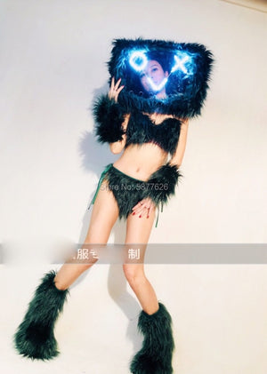 LED Light TV Headdress Bikini Set Female nightclub bar stage dance Dj Ds Dance Team gogo Costume